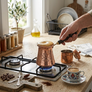 Cafetière turque en cuivre faite à la main, Cezve Ibrik avec poignée en bois, design traditionnel, forme ronde pour la préparation du café - Product Image 3