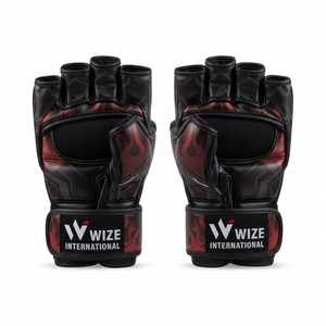 Gants de MMA WIZE INTERNATIONAL, demi-doigts, en cuir PU, fermeture Velcro, design flamme noire et rouge, pour adultes, arts martiaux, MMA - Product Image 2