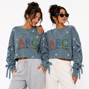 Ensemble pull-over streetwear tendance pour femme, sweat-shirt court en coton épais avec strass et manches à œillets à nouer, vente en gros - Product Image 1