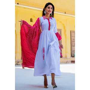 Ensemble Kurta en mousseline de soie blanche Nadiya avec manches longues et dupatta rose, taille XS - Product Image 3