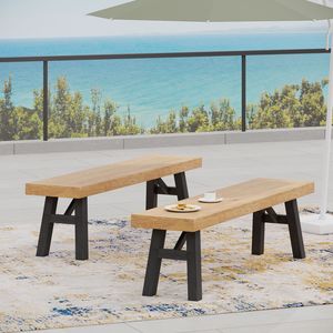 Juego de 2 bancos de patio para exteriores con diseño de paneles de listones y estructura de madera de acacia en color natural y gris - Product Image 4