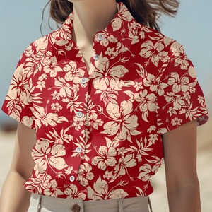 Chemise hawaïenne rouge à fleurs pour homme, manches courtes, col rabattu, chemise de vacances, vêtements d'été - Product Image 2