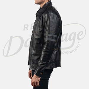 Chaqueta de Cuero Genuino Negra para Hombre con Franjas Grises en los Bíceps, Chaqueta de Motero Elegante, Corte Ajustado, Abrigo Urbano de Invierno - Product Image 6