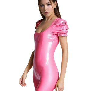 Mono de Mujer Rosa con Recubrimiento de PU, Manga Corta, Cuello Cuadrado, Manga con Volantes, Cintura Alta, Ajuste Ceñido, Largo Completo, Color Sólido, Ropa de Club - Product Image 6