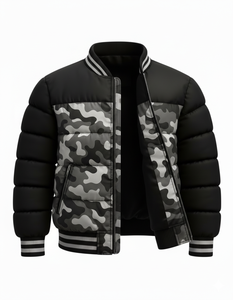 Blouson Bomber matelassé imperméable écologique noir et gris pour homme, col montant, fermeture éclair, bordure côtelée, doublure en coton – Vente en gros - Product Image 2