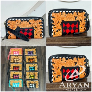 Sunflower Stylish Hand Tooled Genuine Leather Clutch Floral Checkered Pattern Zipper Clutch & Purse For Women's Shopping - Product Image 1