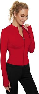 Women's Red Full Sleeve <b>Zipper</b> Turtleneck <b>Top</b> Breathable Spandex Polyester Solid Color Sportswear All Seasons Skinny Fit Pockets - Product Image 2