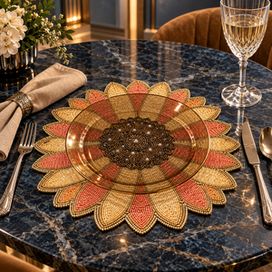 Set de table tournesol en verre bronze perlé, motif corail, résistant à la chaleur, écologique, fait main, pétales superposés, bordure dorée métallique - Product Image 2