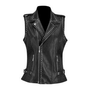 Chaleco de cuero genuino para mujer, negro, informal, sin mangas, con tachuelas, solapa y cremallera, estilo motero, top de moda, abrigo de exterior para mujer, el más vendido. - Product Image 2