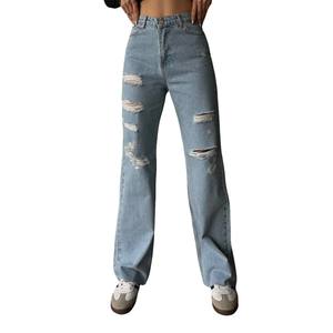 Femme Trendy Clothes 100% Cotton Denim Jeans Grey High Waisted Straight Leg Jeans Casual Pocket Button Distressed Loose Pants - Product Image 4