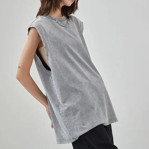 Top corto sin tirantes para mujer, de algodón con efecto lavado ácido, de felpa, liso, sin mangas, acanalado, talla grande, transpirable, ecológico, para verano - Product Image 1