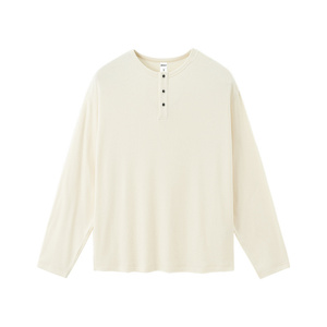 Unisex Cream Long Sleeve <b>Henley</b> <b>Shirt</b> Button Up Collar Regular Fit Knitted Cotton Casual Pullover Autumn Style - Product Image 4
