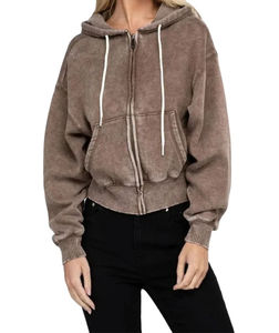 Sweat à capuche d'hiver pour femme en molleton 100% coton, style uni, délavé soleil, délavé à l'acide, style usé, avec fermeture éclair et cordon de serrage - Product Image 1