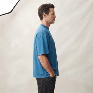 T-shirt à épaules tombantes, T-shirt court, T-shirt homme uni à col rond et manches courtes, coupe classique, décontracté, en jersey de coton bleu - Product Image 3