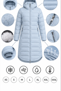 Custom Women's Ice Blue <b>Snow</b> Puffer Coat Hooded Quilted Breathable Long Winter Jacket Lightweight Insulated Silk Woven Cold - Product Image 6
