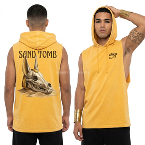 เสื้อกล้ามฮู้ดดี้สีเหลืองฟอกยีนส์ ลายพิมพ์หัวกะโหลกอานูบิส สีทราย ผ้าฝ้ายฟลีซ 350GSM เสื้อผ้าออกกำลังกาย สตรีทแวร์ เสื้อกล้ามผู้ชาย - Product Image 1