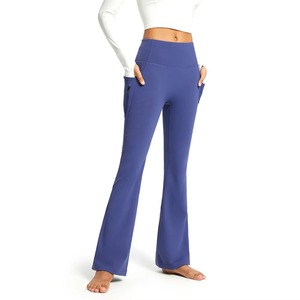Pantalones de Mujer con Cintura Alta Elástica, Corte Acampanado, Bolsillos, Color Sólido, Tejido Elástico, Secado Rápido, Casuales, Largos, Azules, Spandex, Poliéster - Product Image 1