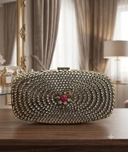 Medium Size Brass Handmade Customized <b>Gold</b>-Plated Kundan <b>Clutch</b> Golden Indian Wedding Traditional Glass Mosaic Feng Shui <b>Purse</b> - Product Image 6