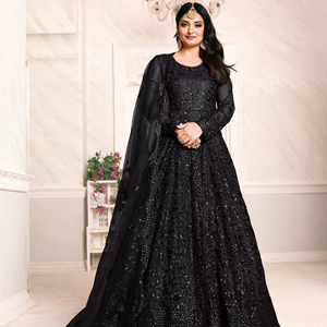 Traje Anarkali Moderno Bordado en Tela de Red, Semi-Cosido, Largo hasta el Suelo, para Fiestas y Bodas - Product Image 1