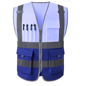 Chaleco de Seguridad Reflectante de Alta Visibilidad, Ropa de Trabajo de Poliéster con Bolsillos y Cierre de Cremallera, Unisex, Azul Gris - Product Image 1