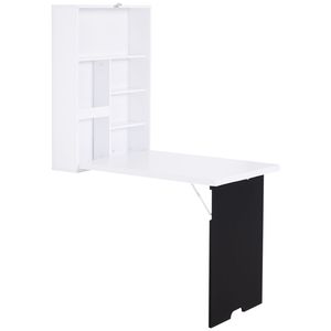 Scrivania da Parete Pieghevole con Tavolo Convertibile per PC e Laptop, Bianca con Lavagna e Mensole Porta Libri - Product Image 1