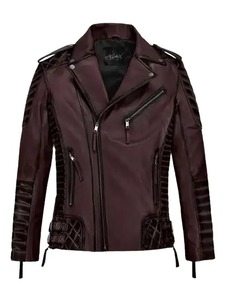 เสื้อแจ็คเก็ตหนังสีแดงเบอร์กันดีสำหรับผู้ชายสไตล์ไบค์เกอร์ - Product Image 1