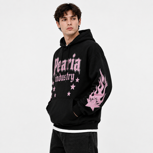 Sudadera con Capucha Negra con Estampado de Letras Rosa, Hombros Caídos, Corte Regular, Estilo Urbano - Product Image 1