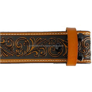 Cinturón de herramientas de cuero occidental hecho a medida de suministro al por mayor de alta calidad con relieve floral y costuras en contraste - Product Image 3