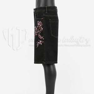 Shorts en jean noirs personnalisés pour hommes, brodés de fleurs, style Bermuda, baggy, streetwear - Product Image 4