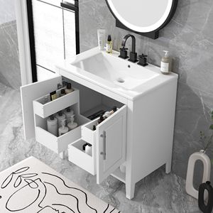Mobile Bagno Multifunzionale Bianco da 30 Pollici con Lavabo, Struttura Solida in MDF, Ante e Cassetti - Product Image 4