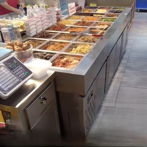 フルーツヨーグルトディスプレイケース,商業用サラダテーブル,ピザ調味料ステーション,冷蔵調味料テーブル & 溝付きお皿冷蔵庫 - Product Image 1