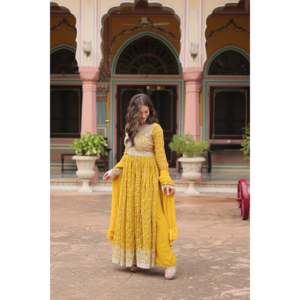 Linen Faux Georgette <b>Sequins</b> Embroidered Palazzo Suit Set with Dupatta for Party Wear - Product Image 5