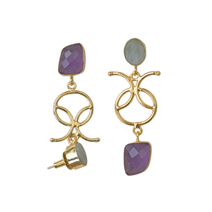 Boucles d'oreilles pendantes sculpturales géométriques plaquées or avec améthyste et amazonite semi-précieuses, bijoux contemporains de créateur - Product Image 3