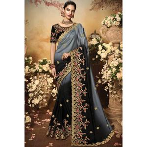 Nouveau sari en georgette brodé de créateur avec un chemisier gris non cousu pour femmes - Product Image 1