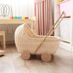 Poussette pour poupée en rotin blanc, jouet pour bébé, avec roues, écologique, chariot en osier naturel - Product Image 4