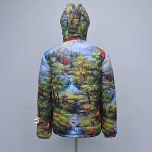 Mens Hooded Quilted Puffer <b>Jacket</b> With Sublimation Forest Print Zipper Closure Water Resistant Polyester Filled Puffer Coat OEM - Product Image 2