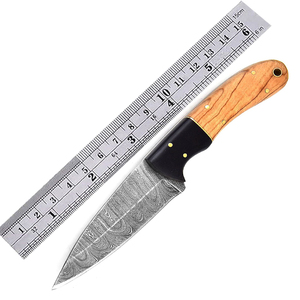 MAYSARA IMPEX Copper Damascus Steel Cowboy Hunting Knife Camping Knife with <b>Leather</b> Sheath & Stag Antler Handle - Product Image 6