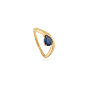 Anillo de Oro Amarillo Sólido de 14K con Zafiro Azul en Forma de Pera 100% Natural de Alta Calidad, Banda Ondulada Apilable, Joyería de Piedra de Nacimiento de Septiembre - Product Image 3