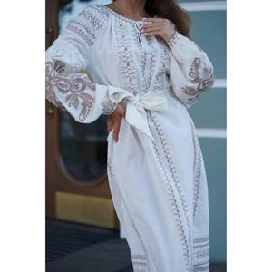 Bohemian Embroidered A-Line Casual Natural Waist Solid <b>White</b> Long Dress Ukraine Embroidery ( Vyshyvanka 100% Cotton Eco-Friendly - Product Image 4