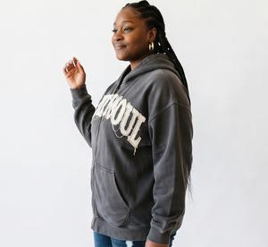 Sweat à capuche zippé pour femme grande taille, coupe oversize, avec broderie effet vieilli, 100% coton, style ample à épaules tombantes - Product Image 5