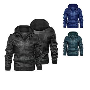 Veste en cuir marron doublée de peluche à capuche pour hommes, style décontracté épaissi - Product Image 1