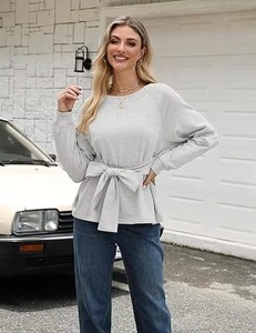 Sudadera de Mujer de Color Sólido con Cuello Redondo, Manga Larga, Tejido de Algodón, Diseño Asimétrico con Lazo, Estampada, Informal, Transpirable para Invierno - Product Image 6