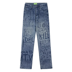 Vaqueros anchos de mezclilla con efecto desgastado y estampado personalizado para hombre, de corte holgado, recto, apilado, ligero, impermeable, con pliegues frontales y tiro alto. - Product Image 2