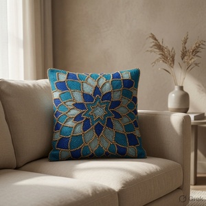 Cojín Decorativo Bohemio con Bordado Geométrico Mandala Azul Celeste y Diseño con Cuentas - Product Image 3