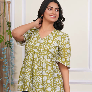 ชุดเดรสลำลองทรงเอไลน์สไตล์โบฮีเมียนผ้าฝ้าย100% เป็นมิตรกับสิ่งแวดล้อมพิมพ์ลายดอกไม้สีเขียวแขนสั้นซักได้ - Product Image 1