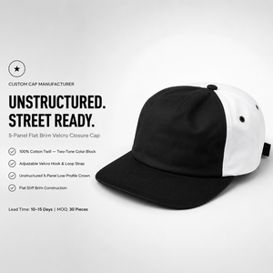 Unisex 5-Panel Snapback Cap Black White Color Blocking Twill Fabric Street Style Adjustable Magic Sticker Closure - Product Image 6