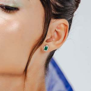 18K White Gold Baguette Cut Diamond Halo <b>Emerald</b> <b>Stud</b> Earrings - Product Image 4