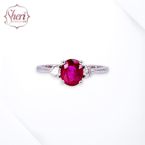 Bague en or blanc massif 18 carats avec rubis naturel de forme ovale et diamants naturels couleur F-G pureté SI1-2 pour usage quotidien [Sheri Jewels] - Product Image 1