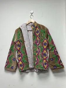 Veste en velours brodée à la main avec motif floral multicolore, manches longues, col montant, style bohème, manteau d'hiver pour femmes - Product Image 2
