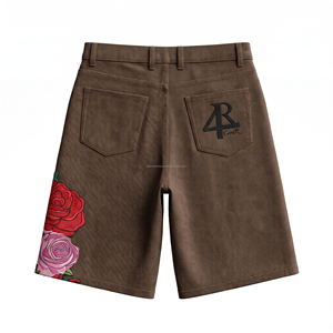 Pantalones cortos casuales bordados para hombre, color marrón, cintura alta, cierre de cremallera, diseño floral, estilo veraniego, pantalones cortos de mezclilla con diseño de flores bordadas - Product Image 5